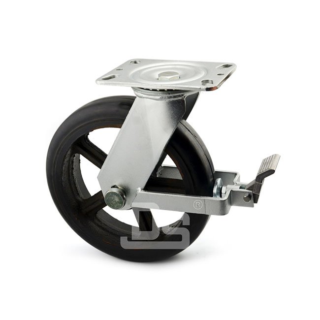 DS42 Series Cast Iron Core Rubber Tread Swivel With Brake Caster 